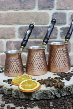 Copperdone Honeycomb Motif Hand Engraved Copper Coffee Pot Turkish Greek Arabic Coffee Pot Set Antic Copper Color - 2