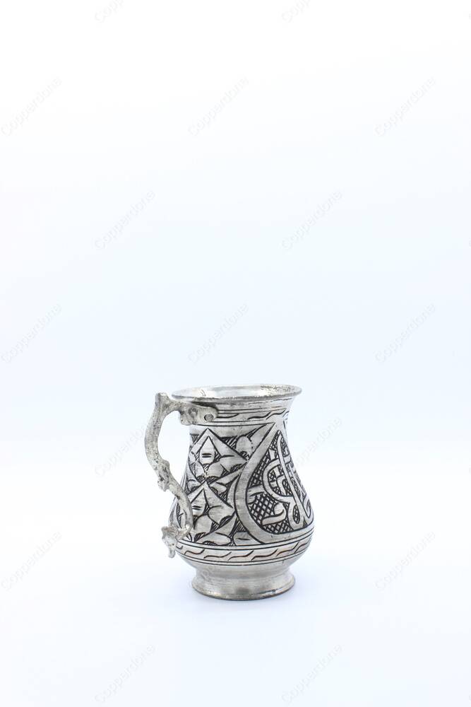 Copperdone Ottoman Motif Handcrafted Chisel Work Turkish Copper Mug Masrapa Cup Antique Silver Color - 3