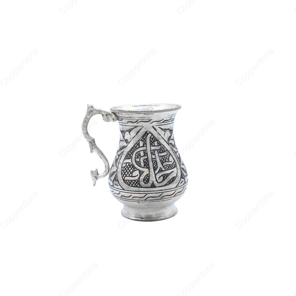 Copperdone Ottoman Motif Handcrafted Chisel Work Turkish Copper Mug Masrapa Cup Antique Silver Color - 2