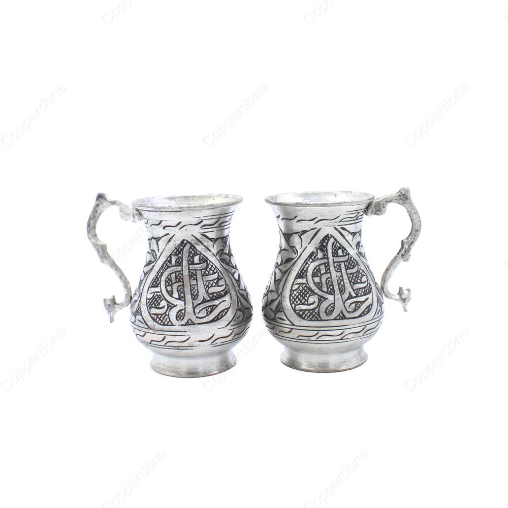 Copperdone Ottoman Motif Handcrafted Chisel Work Turkish Copper Mug Masrapa Cup Antique Silver Color - 1